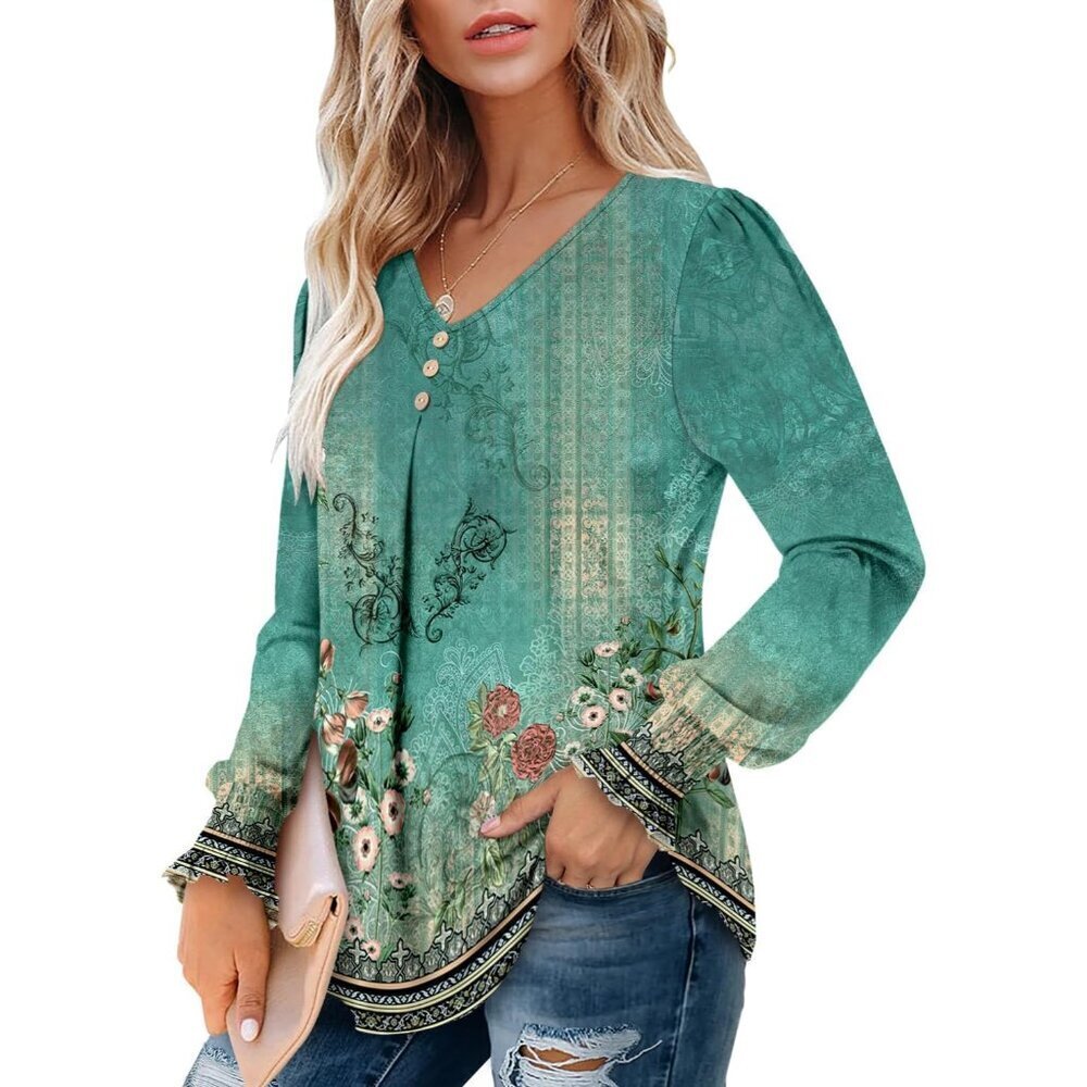 Long Sleeve Women’s Shirt Cotton V Neck Fall Casual Blouse Tunic Top S-3XL - Picture 3 of 4